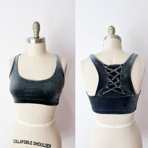 Year of Ours Naomi Back-Lace Sports Bra in Dusty Blue Velvet, Festival Boho